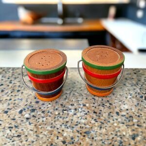 Vintage Wooden Salt And Pepper Shaker With Handles Striped